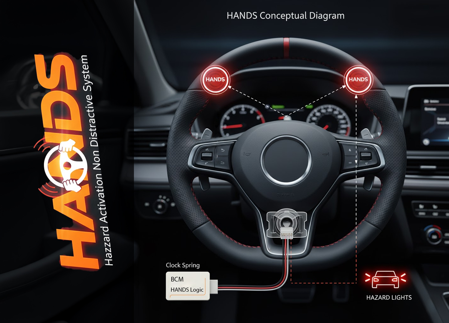 HANDS Conceptual Diagram: Showing pressure points on steering wheel and connection to vehicle's electrical system